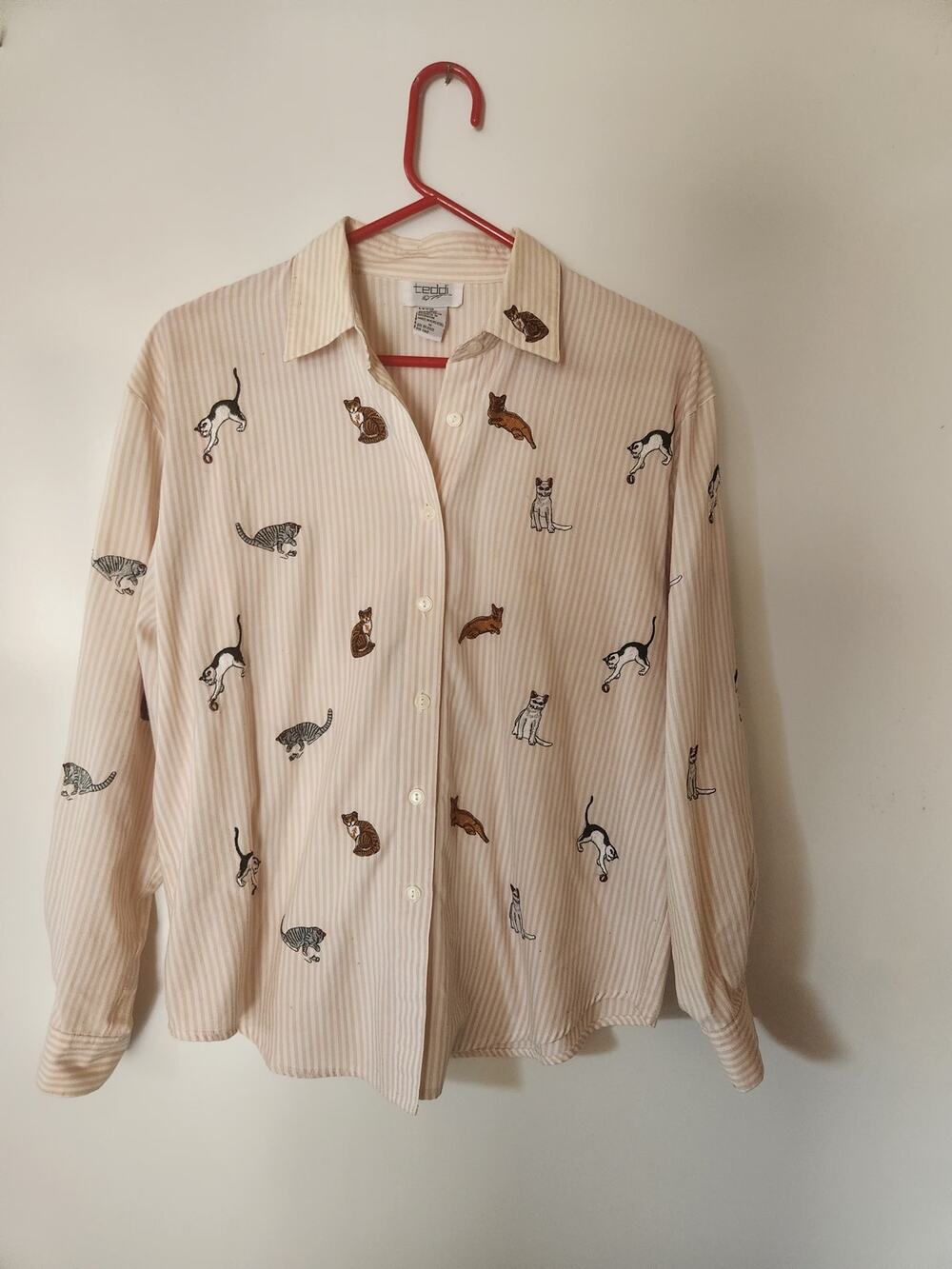 Vtg Teddi Embroidered Cat Seersucker Women's Button Down Top Sz M